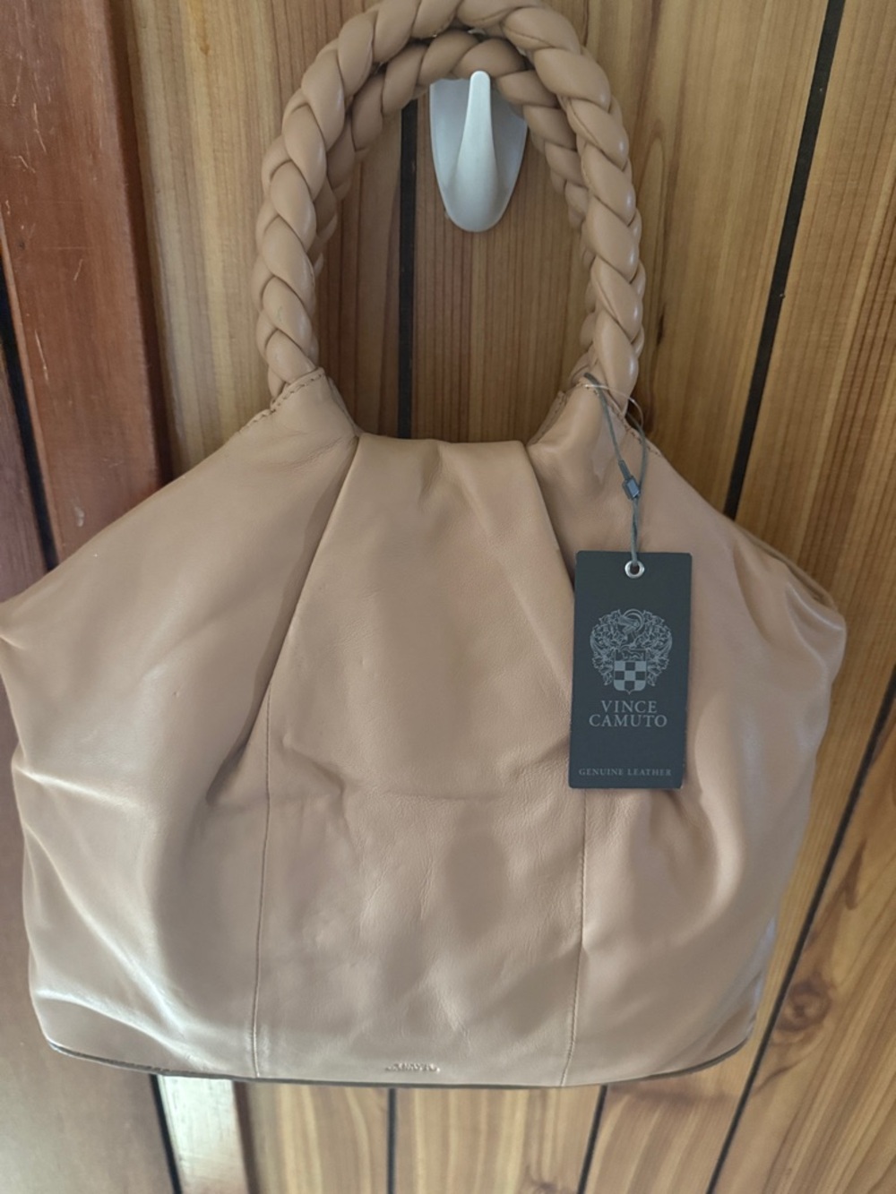 Vince Camuto Nude/Tan Braided-Handle Leather Tote
